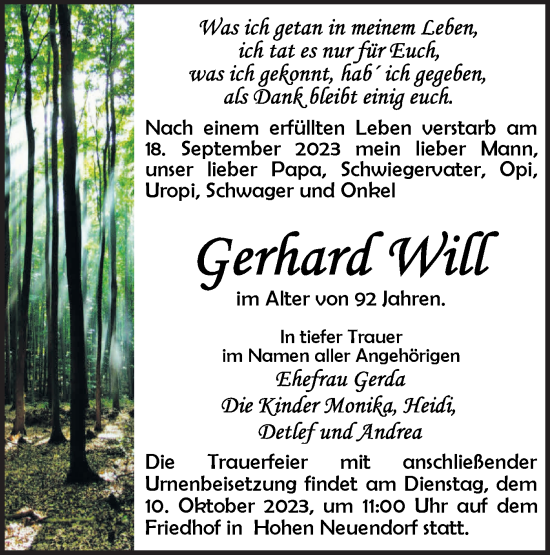 Traueranzeige von Gerhard Will von Märkische Oderzeitung