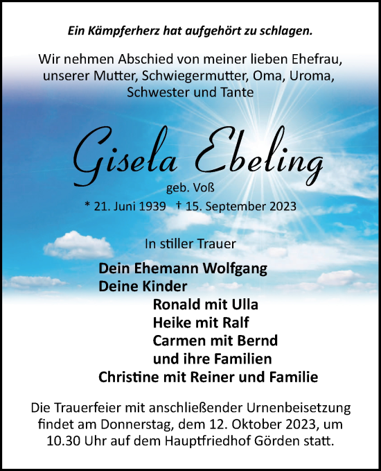 Traueranzeige von Gisela Ebeling von Märkische Oderzeitung