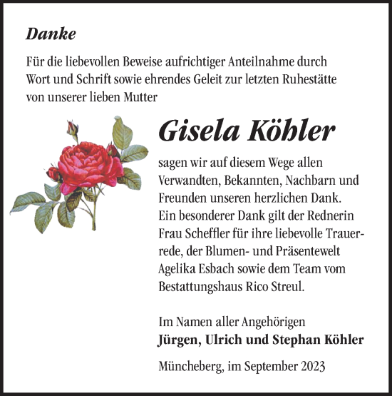 Traueranzeige von Gisela Köhler von Märkische Oderzeitung