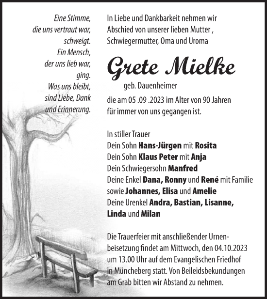 Traueranzeige von Grete Mielke von Märkische Oderzeitung