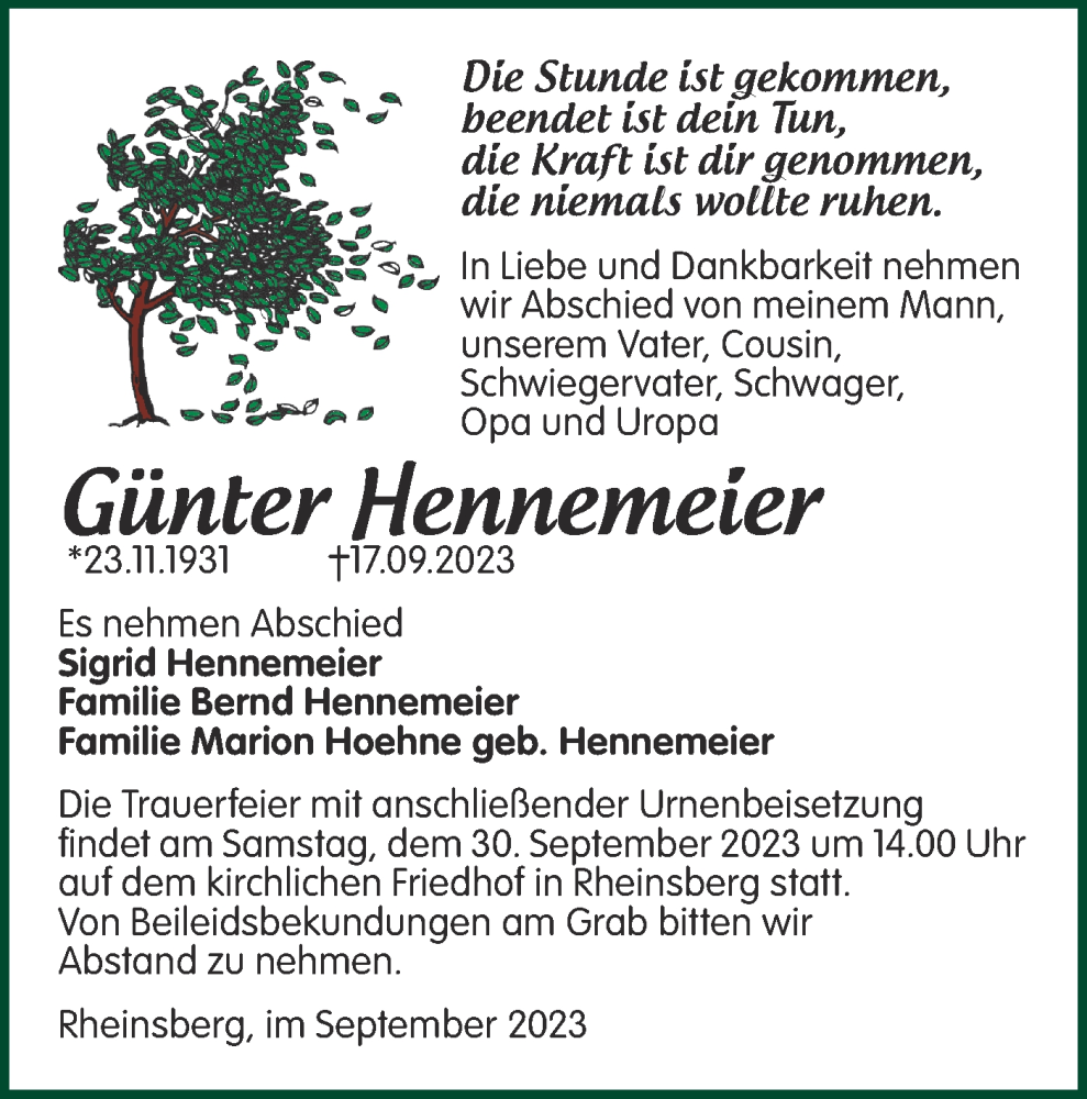  Traueranzeige für Günter Hennemeier vom 23.09.2023 aus Märkische Oderzeitung