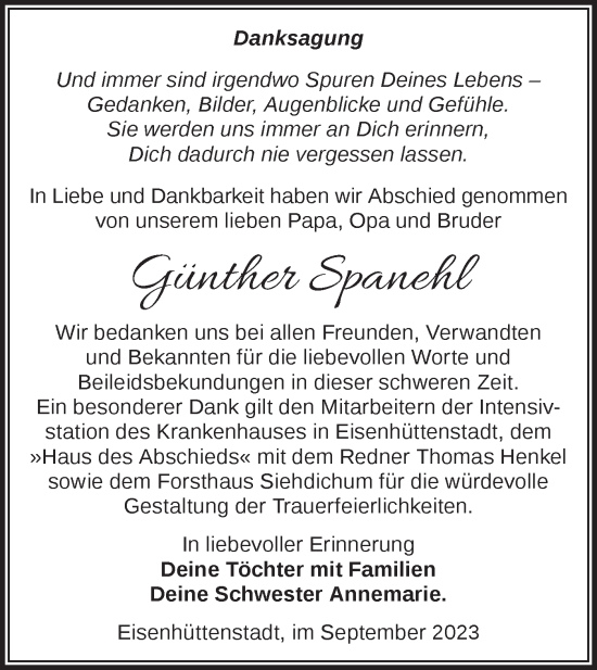 Traueranzeige von Günther Spanehl von Märkische Oderzeitung