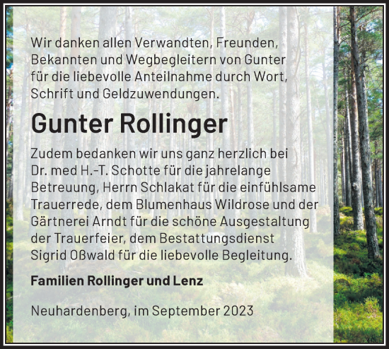 Traueranzeige von Gunter Rollinger von Märkische Oderzeitung