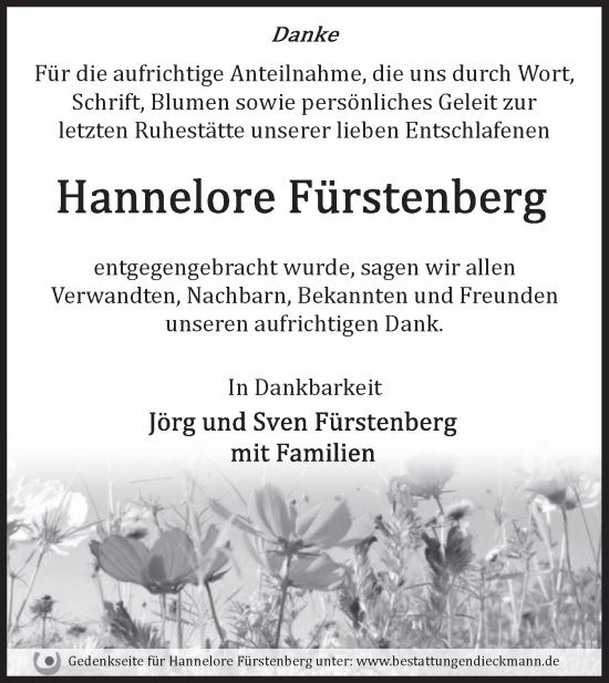 Traueranzeige von Hannelore Fürstenberg von Märkische Oderzeitung