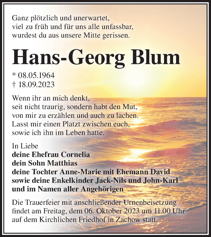  Traueranzeige für Hans-Georg Blum vom 23.09.2023 aus Märkische Oderzeitung