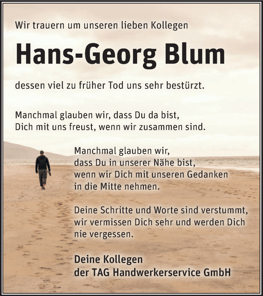  Traueranzeige für Hans-Georg Blum vom 30.09.2023 aus Märkische Oderzeitung