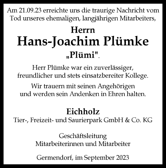 Traueranzeige von Hans-Joachim Plümke von Märkische Oderzeitung