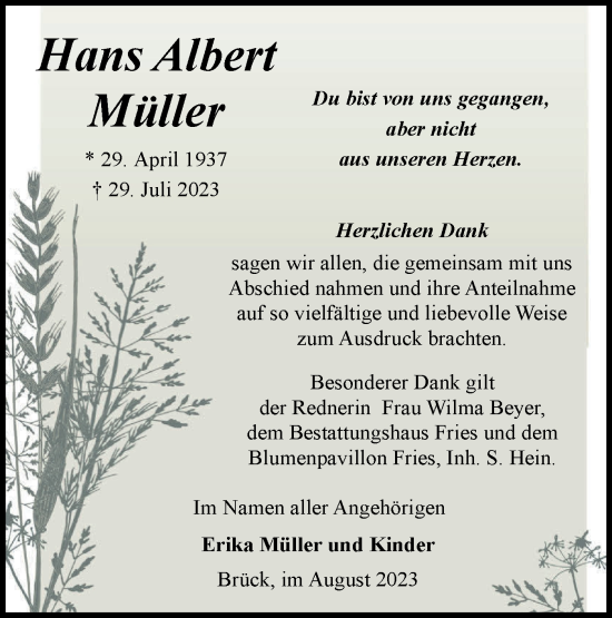 Traueranzeige von Hans Albert Müller von Märkische Oderzeitung