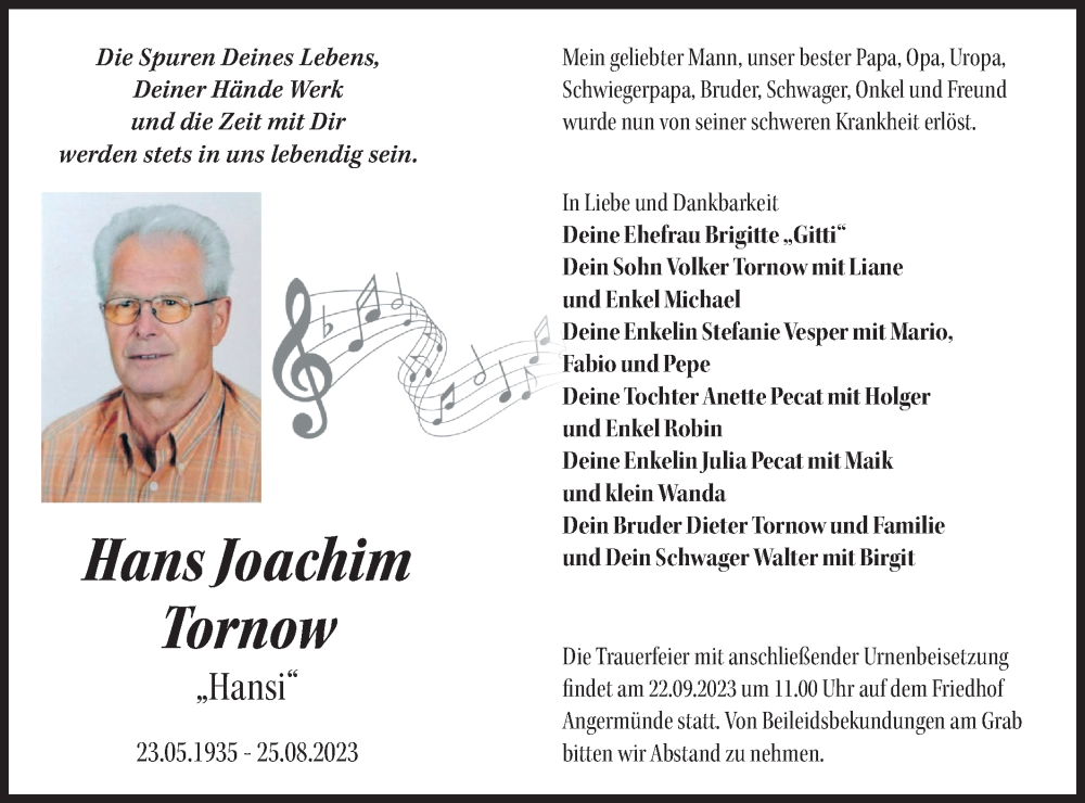  Traueranzeige für Hans Joachim Tornow vom 02.09.2023 aus Märkische Oderzeitung