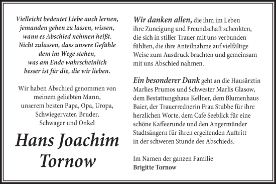 Traueranzeige von Hans Joachim Tornow von Märkische Oderzeitung