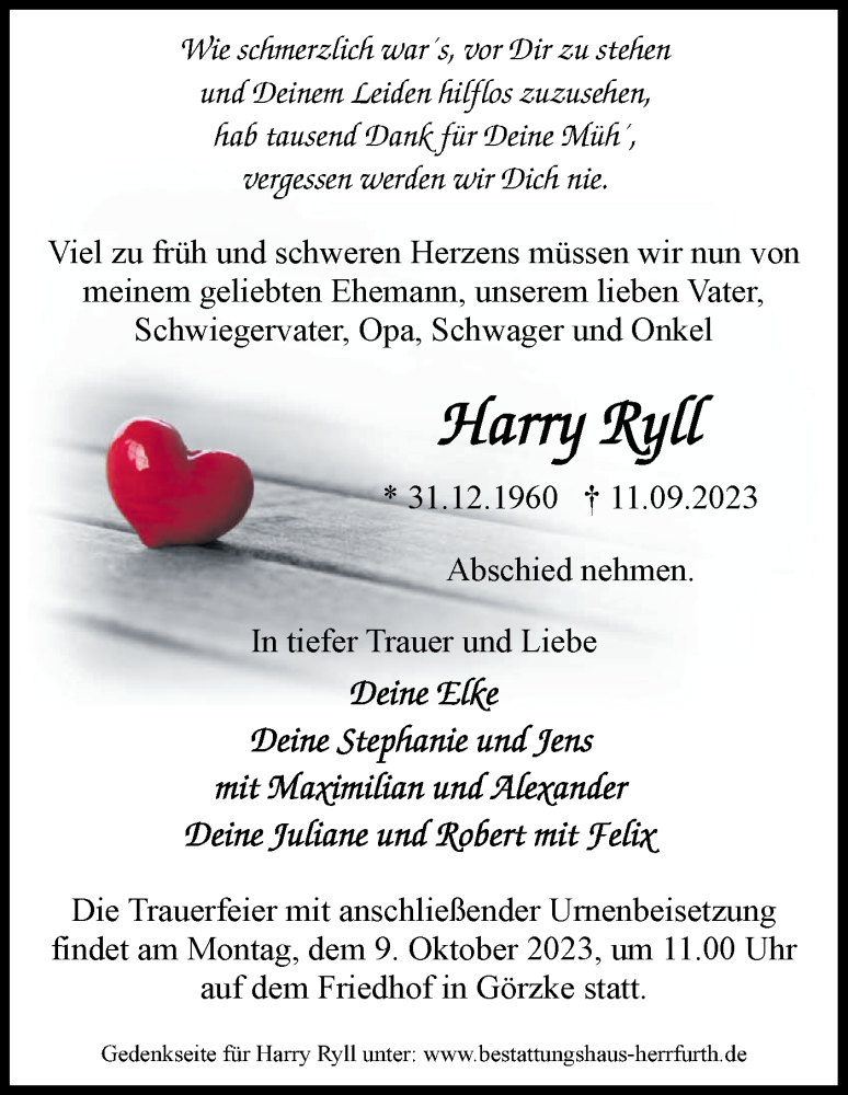  Traueranzeige für Harry Ryll vom 30.09.2023 aus Märkische Oderzeitung