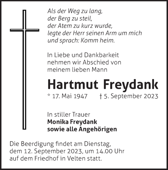 Traueranzeige von Hartmut Freydank von Märkische Oderzeitung