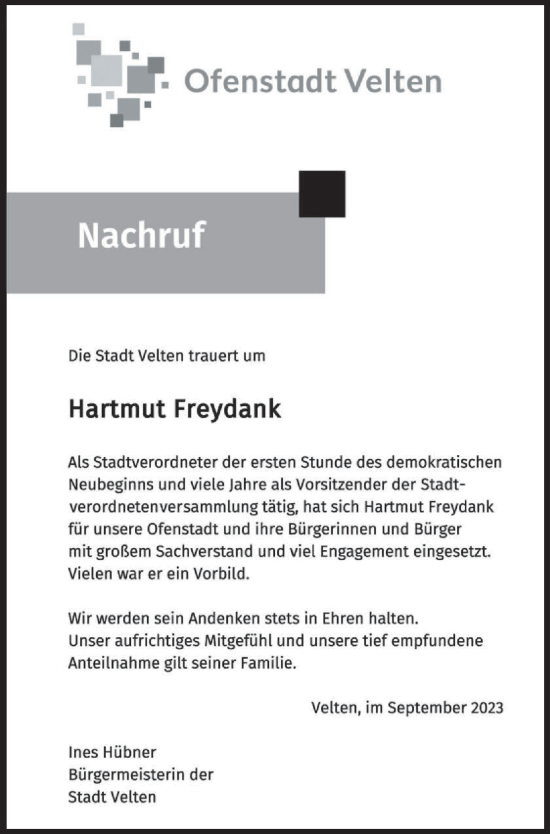 Traueranzeige von Hartmut Freydank von Märkische Oderzeitung