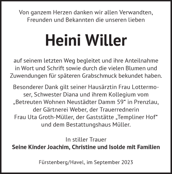 Traueranzeige von Heini Willer von Märkische Oderzeitung