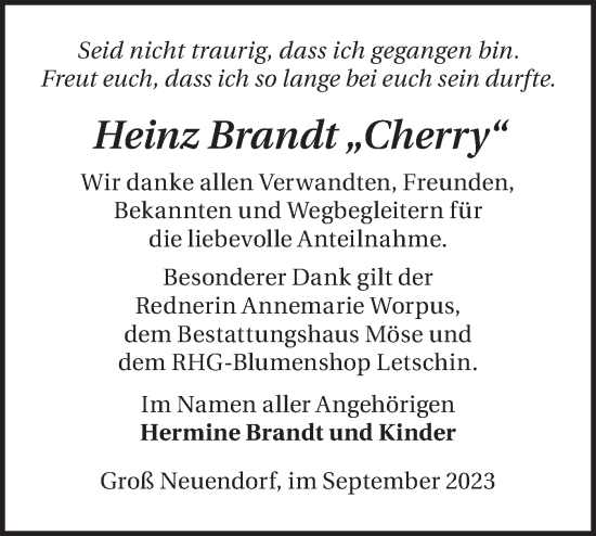 Traueranzeige von Heinz Brandt von Märkische Oderzeitung