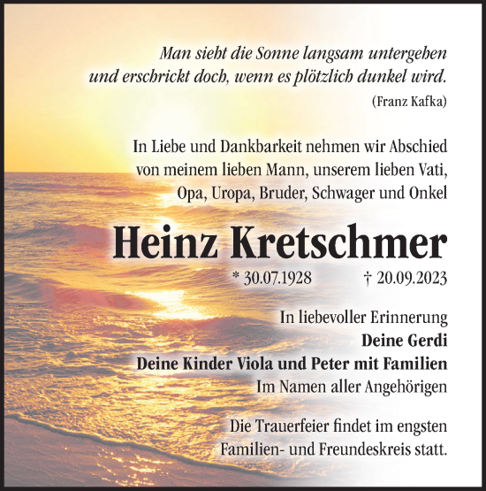 Traueranzeige von Heinz Kretschmer von Märkische Oderzeitung