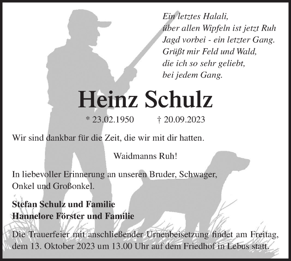  Traueranzeige für Heinz Schulz vom 30.09.2023 aus Märkische Oderzeitung