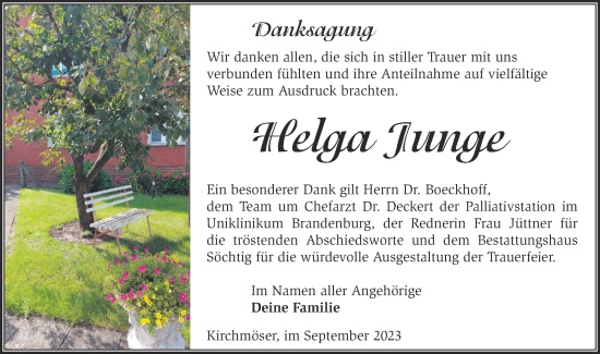 Traueranzeige von Helga Junge von Märkische Oderzeitung