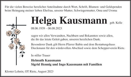 Traueranzeige von Helga Kausmann von Märkische Oderzeitung