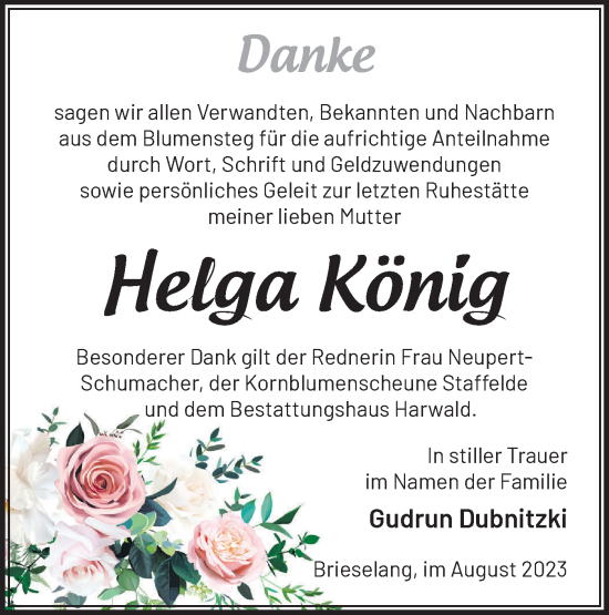 Traueranzeige von Helga König von Märkische Oderzeitung