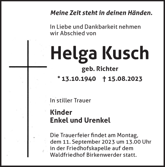 Traueranzeige von Helga Kusch von Märkische Oderzeitung