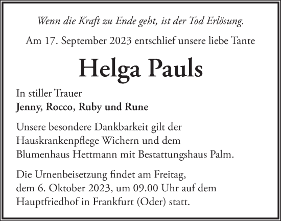 Traueranzeige von Helga Pauls von Märkische Oderzeitung