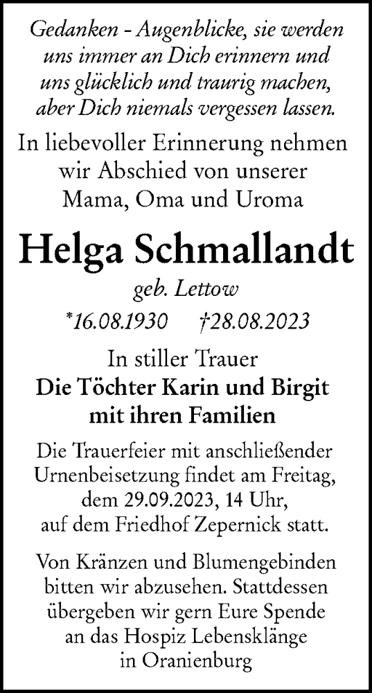 Traueranzeige von Helga Schmallandt von Märkische Oderzeitung