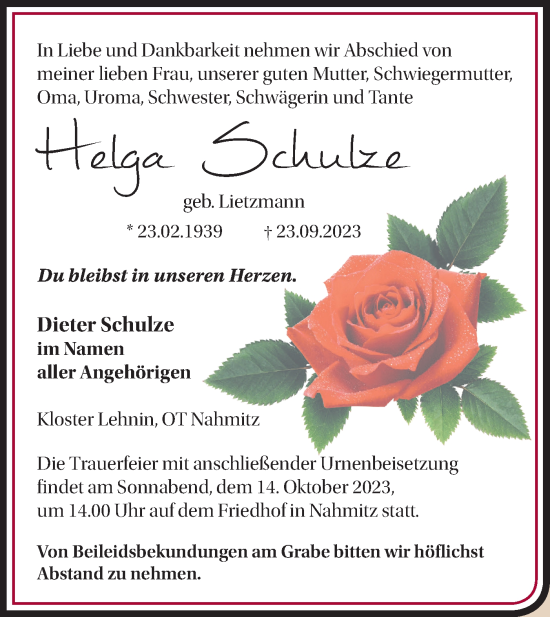 Traueranzeige von Helga Schulze von Märkische Oderzeitung