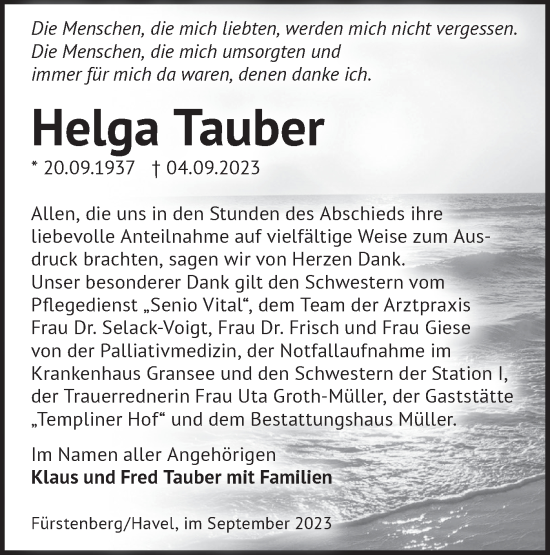 Traueranzeige von Helga Tauber von Märkische Oderzeitung