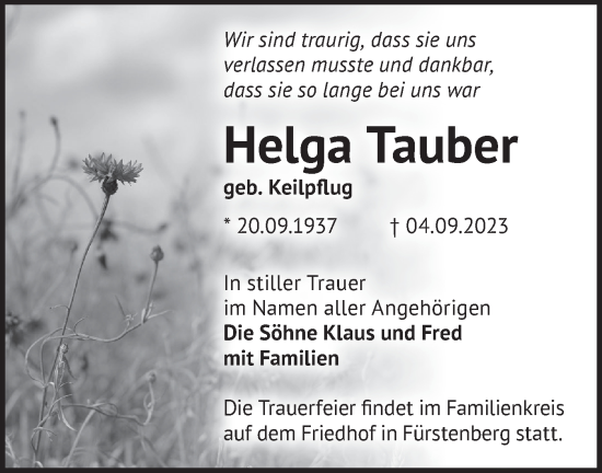 Traueranzeige von Helga Tauber von Märkische Oderzeitung