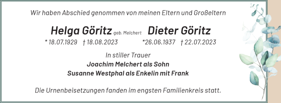 Traueranzeige von Helga und Dieter Göritz von Märkische Oderzeitung