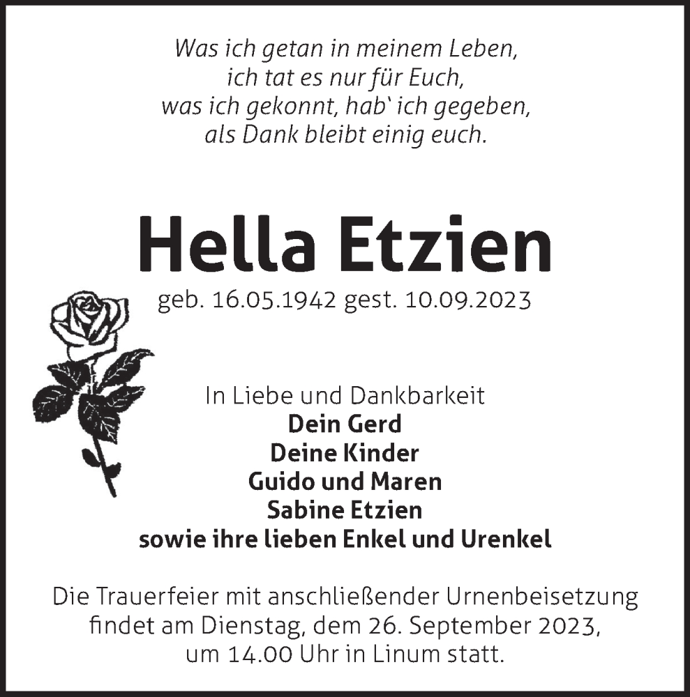  Traueranzeige für Hella Etzien vom 16.09.2023 aus Märkische Oderzeitung