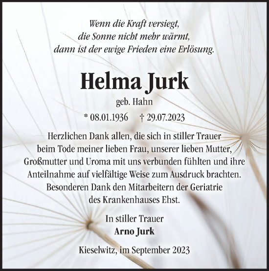 Traueranzeige von Helma Jurk von Märkische Oderzeitung