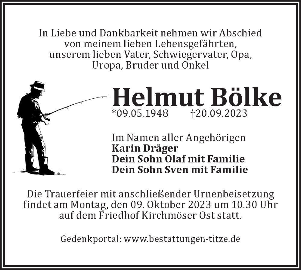  Traueranzeige für Helmut Bölke vom 30.09.2023 aus Märkische Oderzeitung