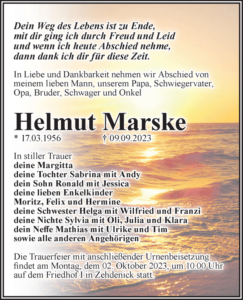  Traueranzeige für Helmut Marske vom 21.09.2023 aus Märkische Oderzeitung