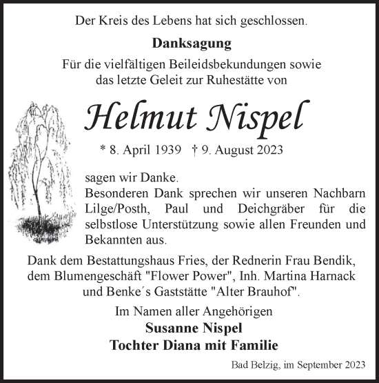 Traueranzeige von Helmut Nispel von Märkische Oderzeitung