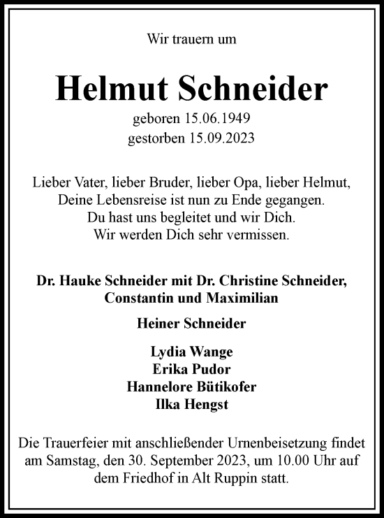 Traueranzeige von Helmut Schneider von Märkische Oderzeitung