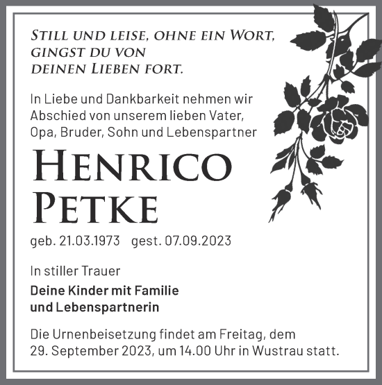 Traueranzeige von Henrico Petke von Märkische Oderzeitung