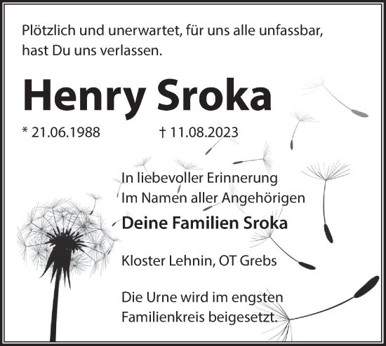 Traueranzeige von Henry Sroka von Märkische Oderzeitung