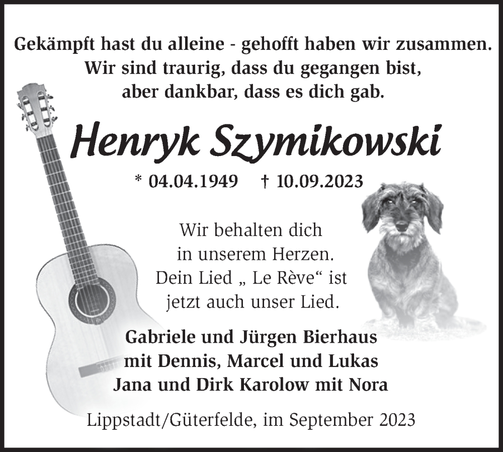  Traueranzeige für Henryk Szymikowski vom 16.09.2023 aus Märkische Oderzeitung