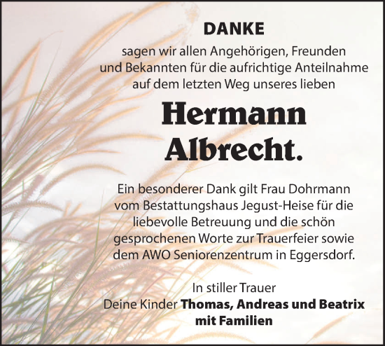 Traueranzeige von Hermann Albrecht von Märkische Oderzeitung