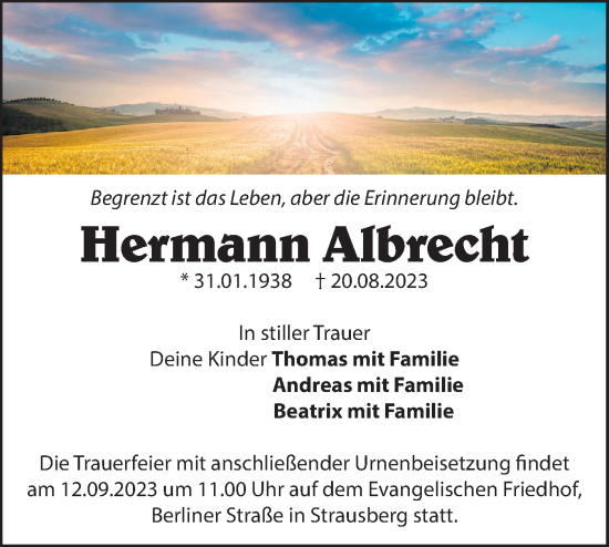 Traueranzeige von Hermann Albrecht von Märkische Oderzeitung