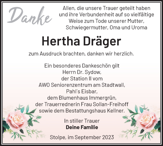 Traueranzeige von Hertha Dräger von Märkische Oderzeitung