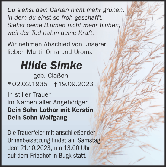 Anzeige Hilde Simke
