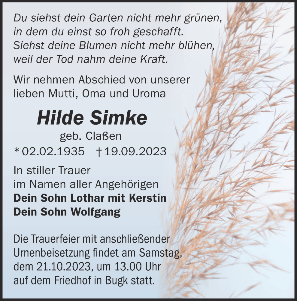  Traueranzeige für Hilde Simke vom 23.09.2023 aus Märkische Oderzeitung