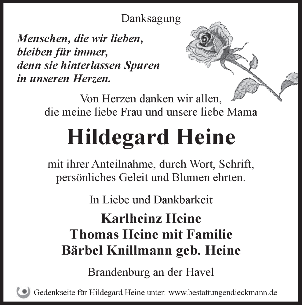 Traueranzeigen Von Hildegard Heine Märkische Onlinezeitung Trauerportal