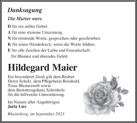 Traueranzeige von Hildegard Maier von Märkische Oderzeitung