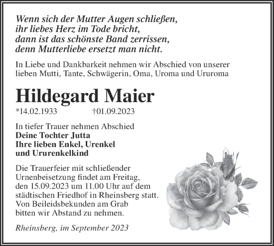 Traueranzeige von Hildegard Maier von Märkische Oderzeitung