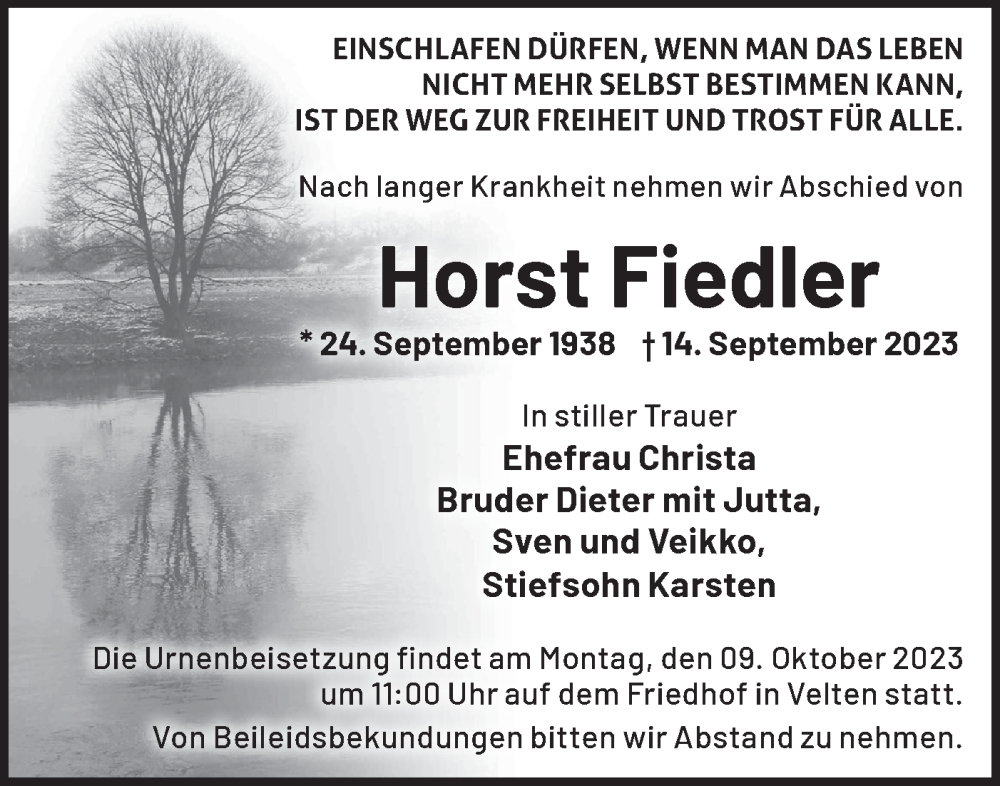  Traueranzeige für Horst Fiedler vom 30.09.2023 aus Märkische Oderzeitung