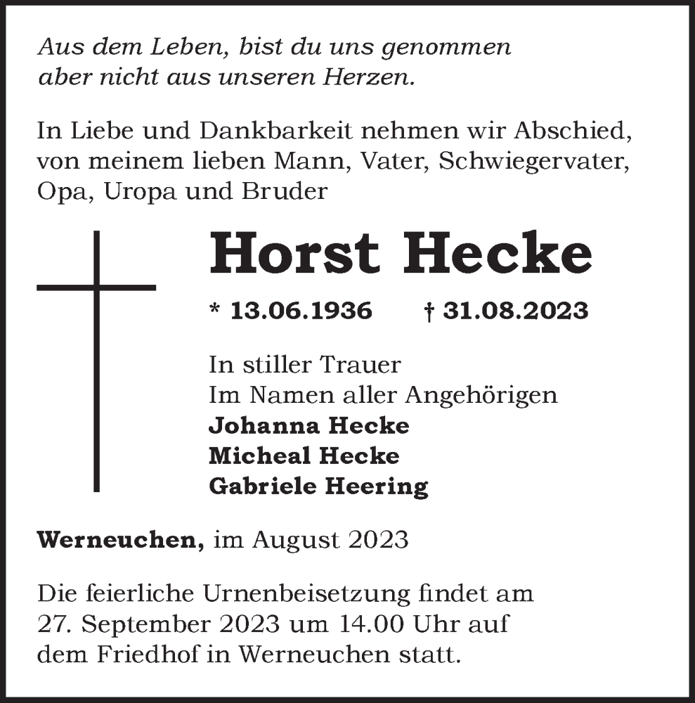  Traueranzeige für Horst Hecke vom 23.09.2023 aus Märkische Oderzeitung